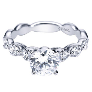 Gabriel & Co. ER3990W44JJ 14 karat white gold Contemporary engagement ring, front view of a round center above shared prong rounds set in scalloped linked sections
