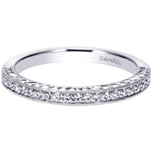 Gabriel & Co. WB8547W44JJ 14 karat white gold Victorian wedding band, angled view of a single bead set row framed by fine milgrain rims