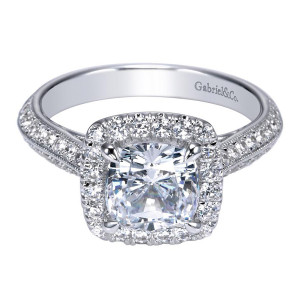 Gabriel & Co. ER8873W44JJ 14 karat white gold Victorian engagement ring, front view of the cushion center inside a cushion shaped halo above milgrain trimmed pave shoulders