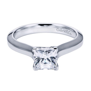 Gabriel & Co. ER6616PTJJJ platinum Contemporary engagement ring, front view of the square princess center held by four slim prongs on a polished tapered shank