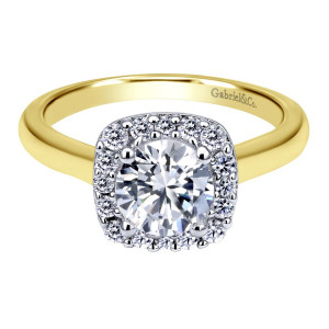 Gabriel & Co. ER6873M44JJ two-tone 14 karat gold Contemporary engagement ring, front view of the round center in a cushion shaped halo edged with fine beading