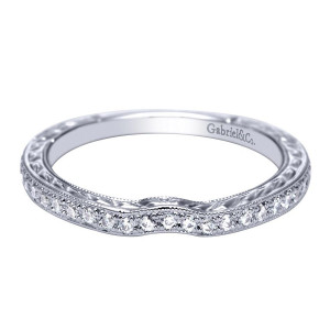 Gabriel & Co. WB8714W44JJ 14 karat white gold Victorian wedding band, front view of the curve dipping gently, bead set rounds bordered by fine milgrain