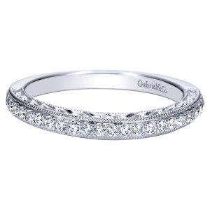 Gabriel & Co. WB8717W44JJ 14 karat white gold Victorian wedding band, angled view of closely set rounds beneath a prominent milgrain rim and engraved upper side