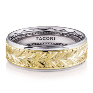 Tacori 1667WYWE band, front view of engraved yellow gold wheat pattern center with polished white gold rims and TACORI inside