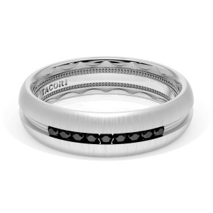 Tacori 1686WBDS white gold brushed band lying flat, black diamond channel along the center groove with TACORI engraved inside
