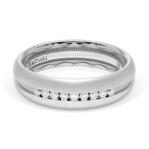 Tacori 1686WDS wedding band, angled top view of brushed white gold with a channel row of round diamonds