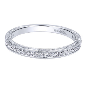 Gabriel & Co. WB11793S4W44JJ 14 karat white gold Victorian wedding band, front view of a close set row of rounds framed by milgrain over scrolling side engraving