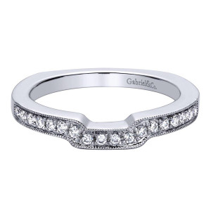 Gabriel & Co. WB9517W44JJ 14 karat white gold Victorian wedding band, front view of the squared contour notch cut into a bead set row with milgrain borders