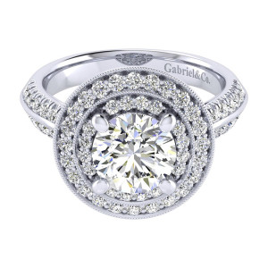 Gabriel & Co. ER002C8AHW44JJ 14 karat white gold Perfect Match engagement ring, front view of the round center in a double halo separated by milgrain lines