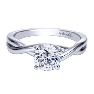 Gabriel & Co. ER8072PTJJJ platinum Contemporary engagement ring, front view of the round center on crossed smooth rails that twist into the shoulders