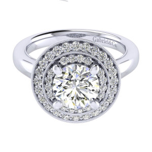 Gabriel & Co. ER009C8AHW44JJ 14 karat white gold Perfect Match engagement ring, top view of the round center within two milgrain edged pave rows and rounded shoulders