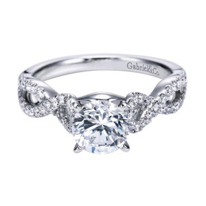 Gabriel & Co. ER7805W44JJ 14 karat white gold Contemporary engagement ring, front view of a round center above a woven shank whose two pave strands cross repeatedly