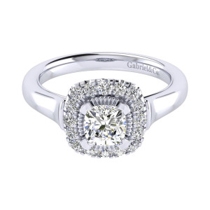 Gabriel & Co. ER009B4AJW44JJ 14 karat white gold Perfect Match engagement ring, front view of the cushion center ringed by a scalloped halo above flared shoulders