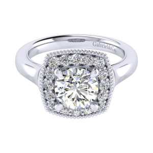 Gabriel & Co. ER009C6ABW44JJ 14 karat white gold Perfect Match engagement ring, top view of the round center inside a cushion outlined halo edged by beading