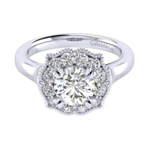 Gabriel & Co. ER009C6ACW44JJ 14 karat white gold Perfect Match engagement ring, top view of the round center within a floral halo rimmed by beading