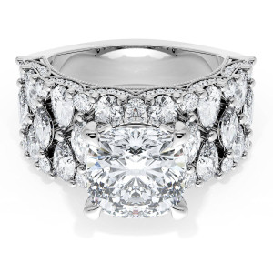 Tacori 21CU912W white gold ring, top view of a cushion cut center stone above a wide multi row diamond band with milgrain edges