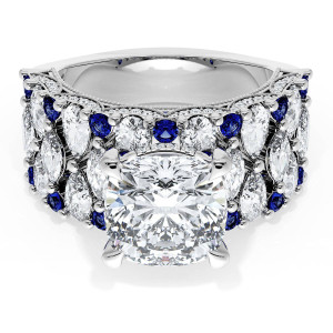 21CU9BS112W top view, white gold wide band ring, cushion center stone with marquise and pear diamonds and blue sapphire accents