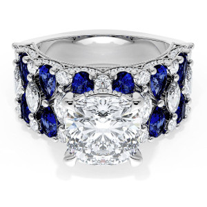 21CU9BS212W top view, cushion center stone above a wide band of blue sapphires and diamonds in white metal