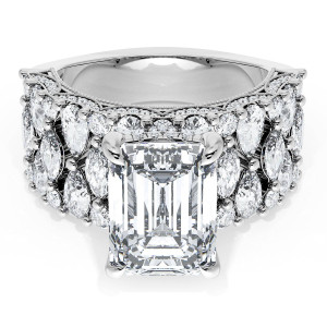 21EC11X812W top view, emerald cut center on a wide white gold band with marquise and round accent diamonds
