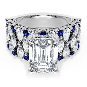 21EC11X8BS112W top view, emerald cut center on a wide band of marquise diamonds with round blue sapphire accents