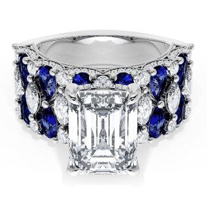 21EC11X8BS212W top view, emerald cut center with pear blue sapphires and marquise diamonds on a wide white gold band