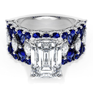 21EC11X8BS312W top view, emerald cut center in white metal band set with blue sapphires and marquise diamonds