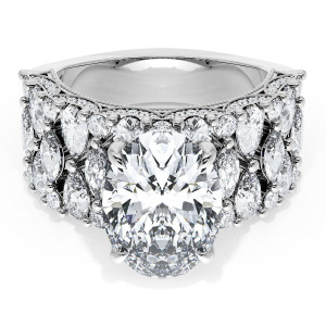 21OV125X912W top view, large oval center stone on a wide white gold band with marquise and round accents