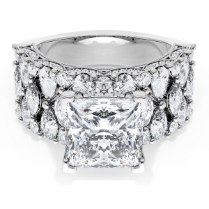21PR912W top view, princess cut center stone on a wide white metal band tiled with round and marquise diamonds