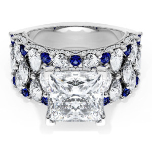 21PR9BS112W top view, princess cut center stone on a wide white gold band of marquise and round diamonds with blue sapphire accents