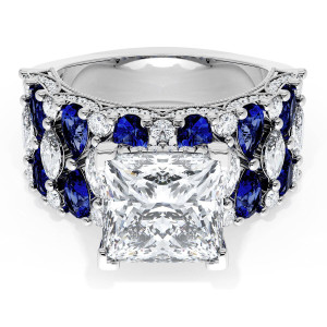 21PR9BS212W top view, princess cut center on a wide white gold band with blue sapphires and white diamonds