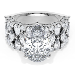21PS14X912W top view, pear cut center stone with a double row of marquise and round diamonds on a wide white gold band