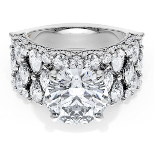 Tacori 21RD1012W white gold ring, top view of round brilliant center stone on a wide multi row diamond band