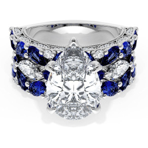 22PS14X9BS212 Platinum top view: pear center stone flanked by dense blue sapphire rows on a wide band