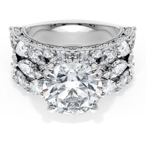 22RD1012W top view, round brilliant center stone on wide white metal band fully set with marquise, pear and round diamonds