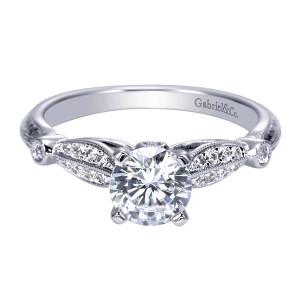 Gabriel & Co. ER8019W44JJ 14 karat white gold Victorian engagement ring, front view of the round center between marquise shaped pave panels capped by bezel set stones