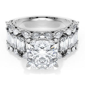 23CU912W top view, cushion center stone on a wide white metal band tiled with step cut and round diamonds