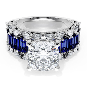 23CU9BS212 Platinum ring, top view of cushion cut center with a row of step cut blue sapphires and diamonds