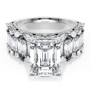 23EC11X8 Platinum top view, emerald cut center with a band of emerald cut, pear, and round diamonds