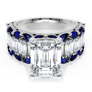 23EC11X8BS112 Platinum ring top view, emerald cut center with emerald cut diamond row and blue sapphires