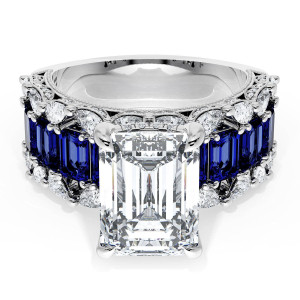 23EC11X8BS212 Platinum ring, top view of emerald cut center with a band row of emerald cut blue sapphires