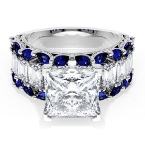 23PR9BS112 Platinum top view, princess cut center with step cut diamond row bordered by blue sapphires
