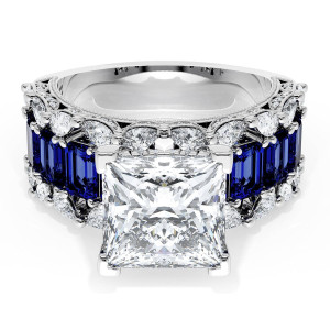 23PR9BS212W top view, princess cut center stone over a white gold band with step cut blue sapphires framed by round diamonds