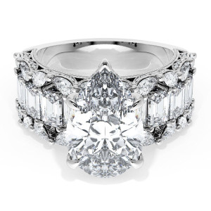 23PS14X912W top view, pear shaped center on a wide white gold band with step cut and round diamonds