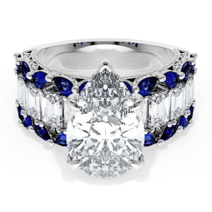 23PS14X9BS112 Platinum top view, pear cut center with emerald cut diamond row edged in blue sapphires