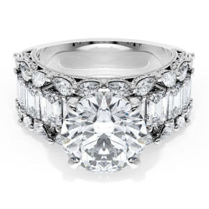 23RD1012W top view, round brilliant center on wide white metal band with step cut diamond channel and round diamond borders