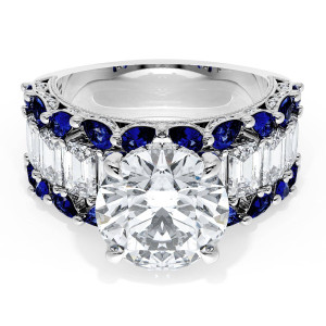 23RD10BS112 Platinum top view: round center stone with step cut diamonds bordered by blue sapphire rows