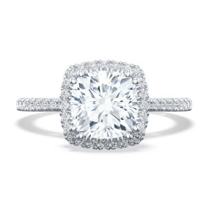 268415cuc Platinum top view of cushion cut center in a squared platinum halo with pave band