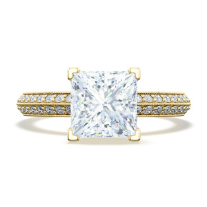 2686pr75y top view of princess cut solitaire in yellow gold with multi row pave band