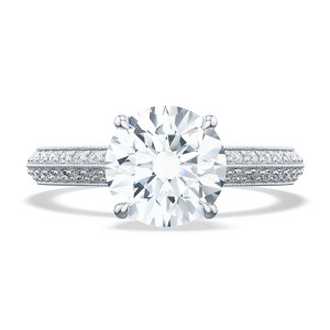 2686rd75w top view of round brilliant solitaire on a wide double row pave white gold band