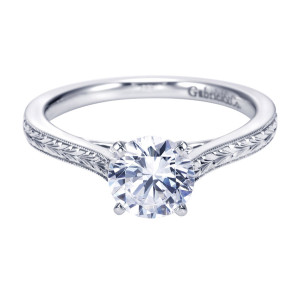 Gabriel & Co. ER7222PTJJJ platinum Victorian engagement ring, front view of the round center raised above finely engraved and milgrain trimmed shoulders